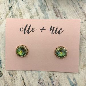Green Rivoli, Rhinestone & Gold Round Earrings